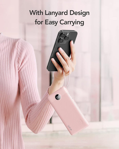VRURC Portable Charger 10000mAh Slim LED Display Power Bank with 5 Output 2 Input, Built-in Cables, Pink