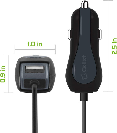 Cellet High Powered 3Amp Fast Charging 15Watt Dual USB Port Car Charger with 4ft Long Type-C Cable