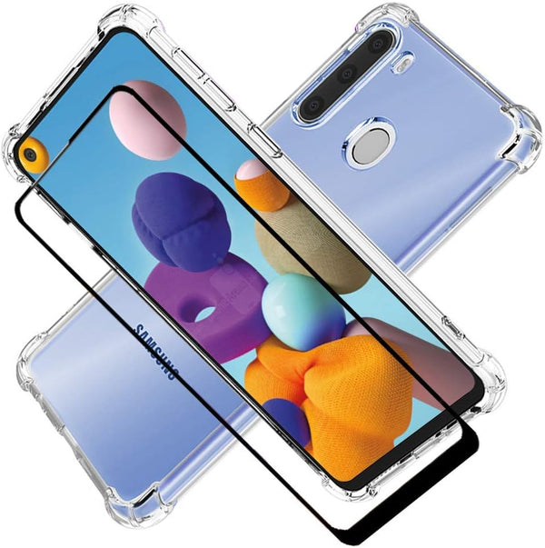 Samsung Galaxy A21 Phone Case (Clear) - With Screen Protector, Shockproof Slim Clear Color Soft TPU Protection