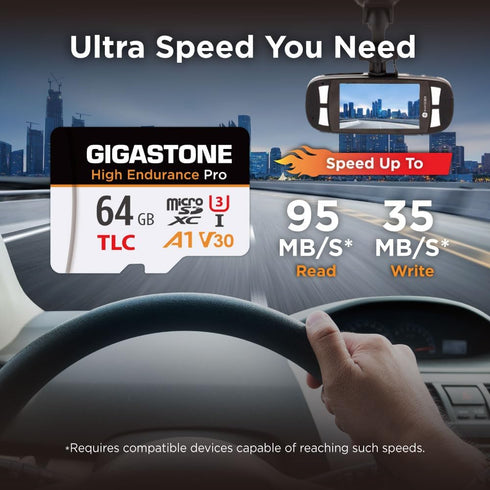 Gigastone 5 64GB 95MB/s, A1 V30 U3 Yrs Free Data RecoveryDash Cam Micro SD Card, TLC High Endurance Pro, Speed Up