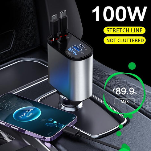 4 in 1 Fast Car Phone Charger, 100W USB C Car Charger Adapter (2.6Ft) with 2 USB Ports, Retractable Car Charger (Type