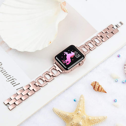 OULUCCI Compatible Apple Watch Band, 44mm 42mm 45mm 49mm, Women Stainless Steel Wristband D-Shape Strap Rose Gold