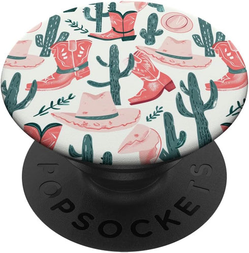 Vintage Cowboy Hat Boot & Cactus Pattern Cowgirl Western Pink PopSockets Standard PopGrip