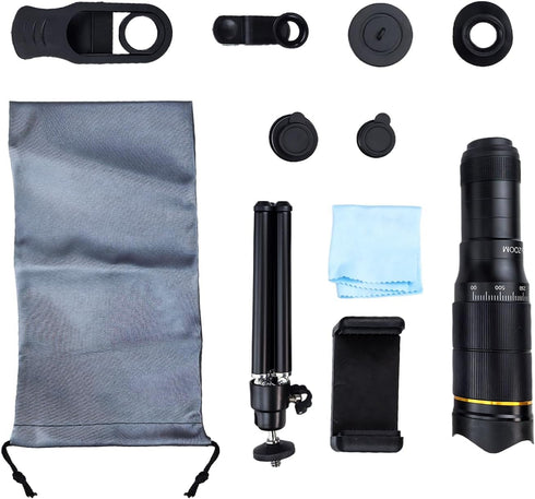 Flylin 32X 0.63X 198 Phone Camera Lens Kit, Long Focus Telephoto High Power HD Lens Wide Angle Macro Fisheye for Most