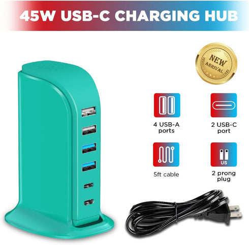 Upoy USB Charger Block, Charging Station for Multiple Devices, Power Strip Adapter for Phone, Tablet, Ear Buds with 5ft