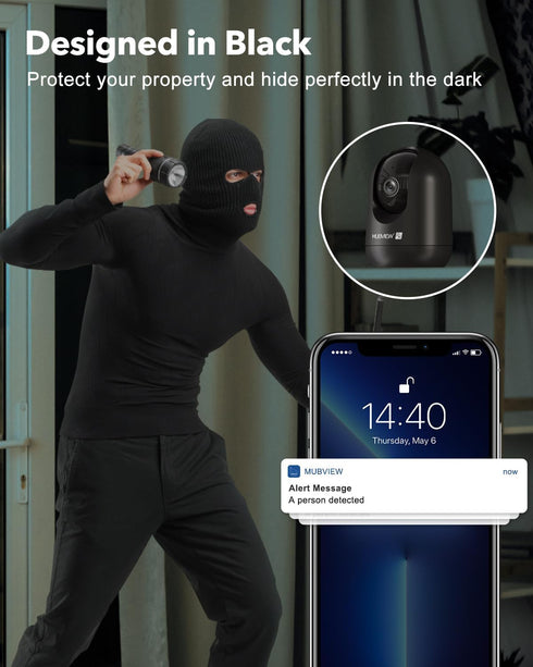MUBVIEW Indoor Security Camera, 2.4G WiFi Wired Home Security, Motion Tracking, Two-Way Audio, 2K Night Vision PK320B-D