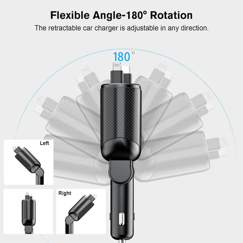 Retractable Car Charger 4 in 1 Fast Charging Adapter, 62W Type-C/Lightning Cables for iPhone 16/15/14/13/12 Pro Max