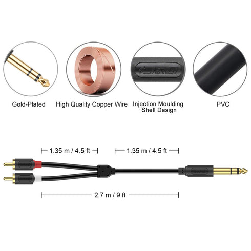 J&D 1/4" TRS to 2RCA Cable, Gold Plated 6.35mm Stereo Male to Dual RCA Male Y Adapter for AV Receiver, Amplifier,