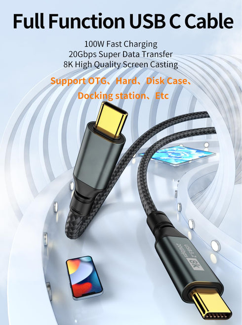 USB C to USB C 3.1 Gen 2 Cable 10FT for 20Gbps Data Transfer, 8K@60Hz Video Output, 100W PD Fast Charging for iPhone