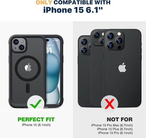 Diaclara iPhone 15 Case (6.1") - Frosted Black, MagSafe Compatible, Anti-Scratch Screen & Camera Lens Protector.