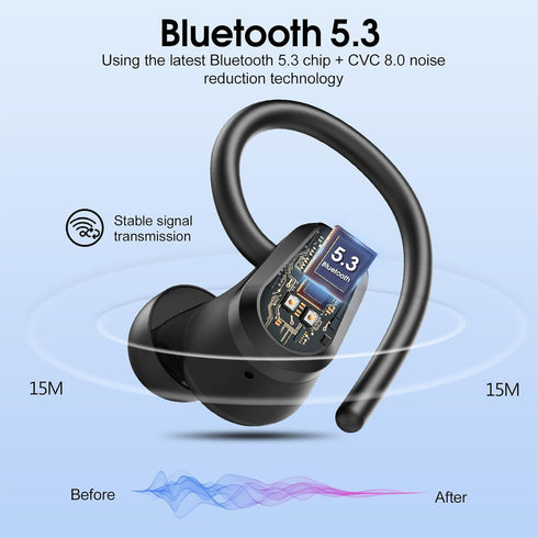 Wireless Earbuds, 2023 Bluetooth Headphones 5.3 Sport, 50H Ear buds with Earhooks, Dual LED Display Bluetooth Earbuds, Deep Bass Stereo Noise Cancelling Headphones, IP7 Waterproof Running Earphones