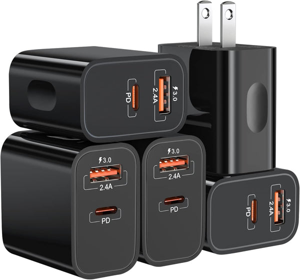 20W USB C Fast Charger + Quick Charge 3.0 Wall Charger, Bangfun 5 Pack Dual Port Power Adapter, Black