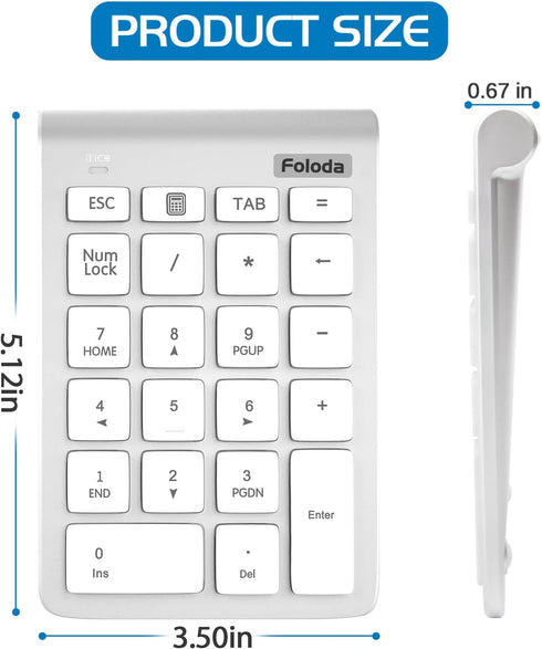 Foloda Wireless Number Pad, Portable 2.4Ghz USB 10 Keys Financial Accounting Numeric Keypad for Laptop, PC