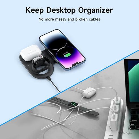 Wireless Charger 3 in 1, RELAXYO Travel Fast Wireless Charging Station for Apple, Compatible with iPhone 15/14/13/12/11