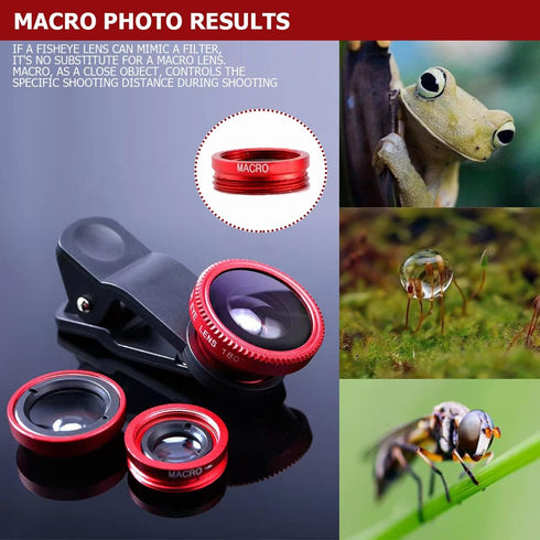 3 in 1 Phone Camera Lens Kit with Clip, Fisheye Lens, Wide Angle Lens, Macro Lens for Smartphones iPhone, Android (Red)