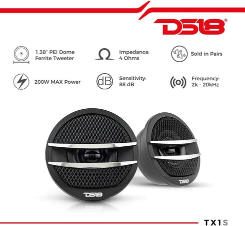 DS18 TX1S Tweeter X1 1.38-inch 200 Watts Max Pei Dome Ferrite Tweeters with Mounting Kit Angle, Flush, & Surface - Set of 2 (Black/Silver)