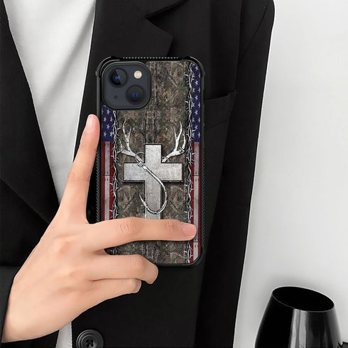 DJSOK Shockproof Case for iPhone 15 Plus, American Flag Antlers Design with Soft TPU Bumper and Hard PC Back