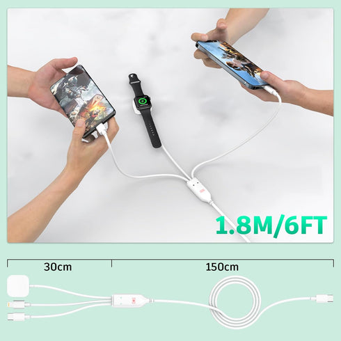 USB C 100W Multi 3-in-1 Fast Charge Cable, Apple Smart Watch Charger, Lightning + Type-C Combo, 6FT