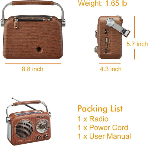 Gelielim Portable AM FM Shortwave Radio, Vintage Bluetooth Speaker with Rechargeable Battery, Small Gifts