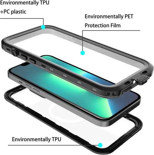 iPhone 13 Magnetic Waterproof Case, Shockproof Compatible with MagSafe, Built-in Screen Protector, Clear