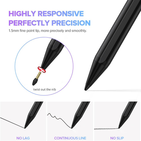 Stylus Pen, 2X Fast Charge Active Pencil for 2018-2024 Apple iPad Pro 11"/12.9"/M4, iPad Air 3/4/5/M2, Black