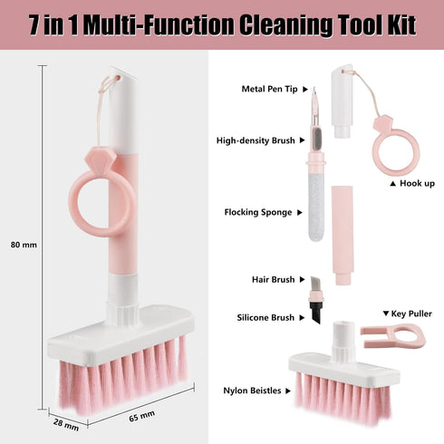 Soft Brush Keyboard Cleaner, 7 in 1 Computer Cleaning Tool Kit for Bluetooth Headset, Laptop, Camera Lens (Pink)