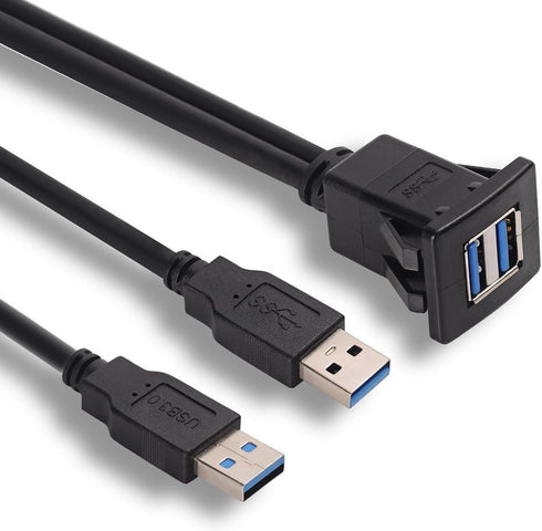 USB Flush Mount Cable, 1 Meter 3ft Dual USB 3.0 Ports Panel Mount Extension Cable for Car Boat Motorcycle