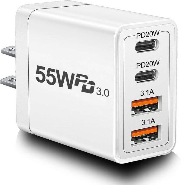 Dual USB C Charger 55W Block, CARZONJX 4 Port Type C Fast Charging Block, QC+PD Power Adapter Wall Charger for iPhone
