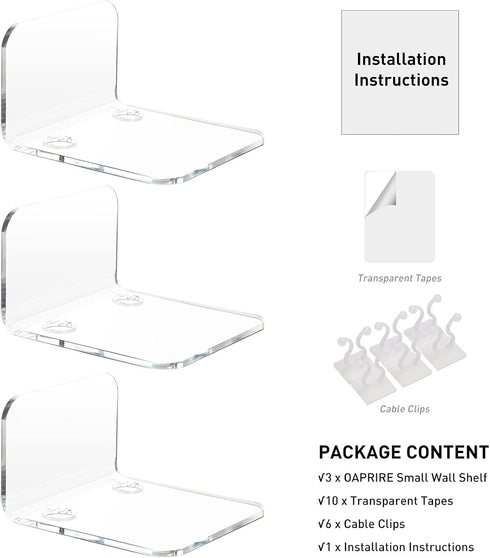 OAPRIRE Acrylic Floating Wall Shelves Set of 3 for Security Cameras, Baby Monitors, Speakers, No Drill (Clear)