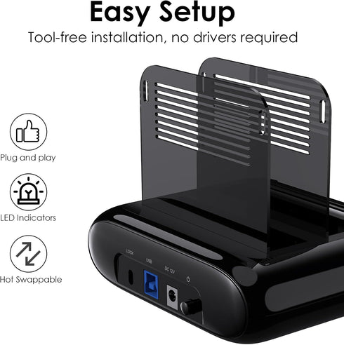 WAVLINK 3.0 2.5" 3.5" 2x20TB 6Gbps Dual Bay Hard Drive Docking Station - USB to SATA I/II/III for & HDD/SSD with Fixed