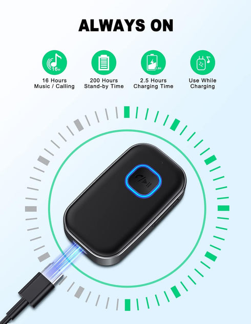 COMSOON Bluetooth AUX Adapter for Car, Noise Reduction Bluetooth Receiver for Music/Hands-Free Calls, 16H Battery Life,