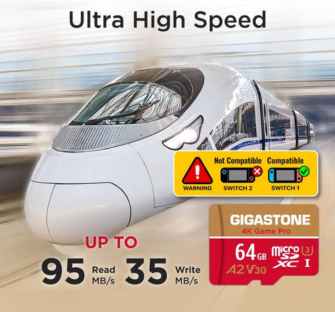 Gigastone 1 64GB 4K 95/35MB/s, U3 A2 V30 5-Years For Switch Only Micro SD Card, Game Pro, MicroSDXC Memory Card