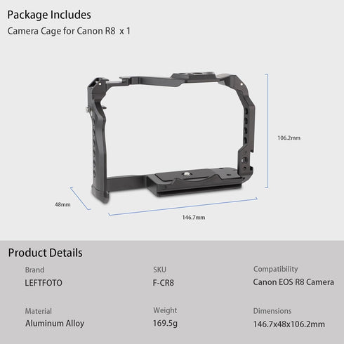 LEFTFOTO Camera Cage for Canon R8 - Protection Frame Rig with Arca Base, Cold Shoe, Strap Slot, for Vlog Shooting