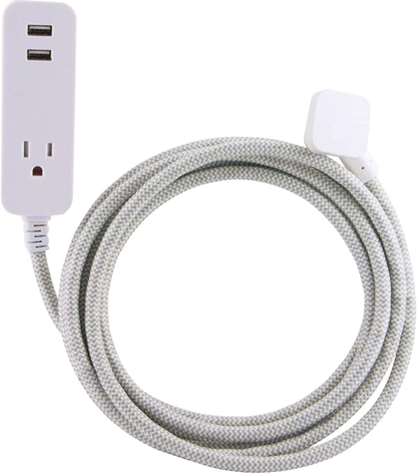 Cordinate Designer 1-Outlet 2-USB Charging Extension Cord - Gray Braided D cor Fabric Cord, 10 ft