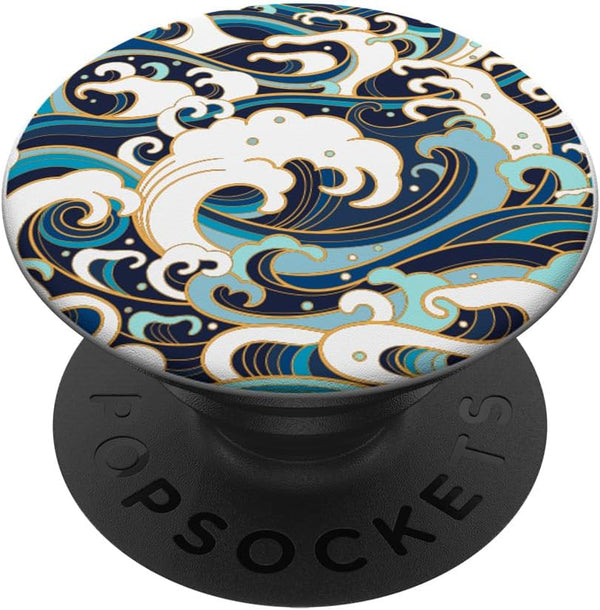 Japanese Art Ocean Getaway Wave Surfing Blue Geometric PopSockets Standard PopGrip