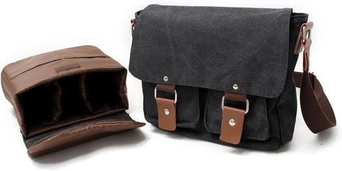 Peacechaos Vintage Canvas Leather Trim DSLR SLR Shockproof Camera Shoulder Messenger Bag