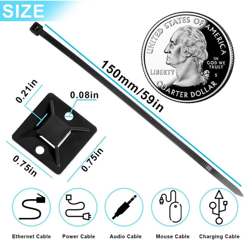 Zip Tie Mounts and Zip Ties - Small Cable Tie Adhesive Mount, 3/4in black 100 Sets. Wires Zip Tie Adhesive-backed anchors perfect for Pedal Board Cable Management Outdoor Indoor by Darkbush