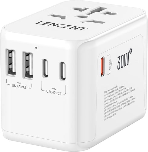 LENCENT Universal Travel Adapter, GaN III 30W International Charger with 2 USB & 3 Type-C Ports