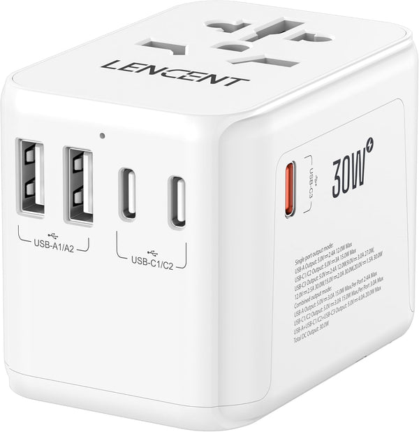 LENCENT Universal Travel Adapter, GaN III 30W International Charger with 2 USB & 3 Type-C Ports