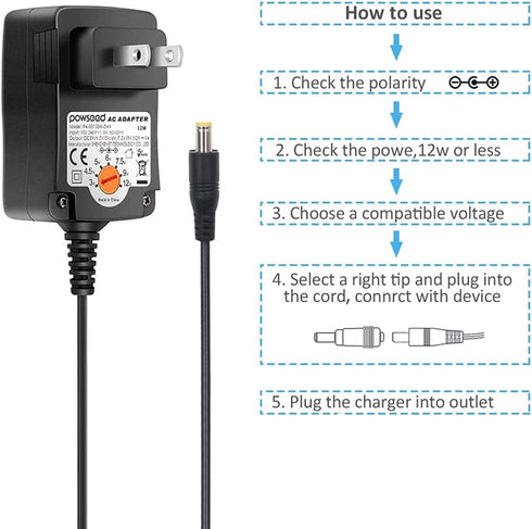 Powseed Universal AC Adapter, 3V to 12V, 12W AC/DC Power Adapter for Household Electronics, Routers, Speakers