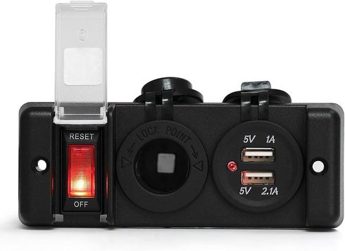 12V Waterproof Cigarette Lighter Socket, Dual USB Power Socket Switch Panel for Car RV Marine Boat