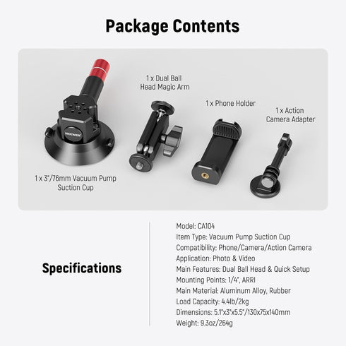 Neewer 3" Suction Cup Camera Mount Bracket with Ball Head, Quick Release Car Mount with Phone Holder
