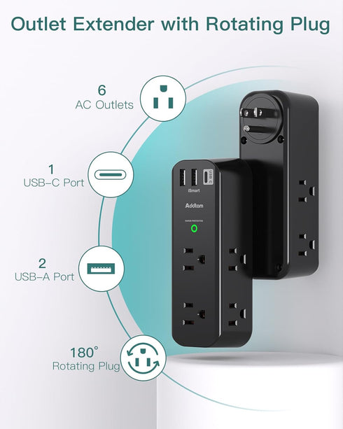 Surge Protector Outlet Extender, 6 AC Multi Plug with 3 USB Ports, 1800J Wall Charger, Black