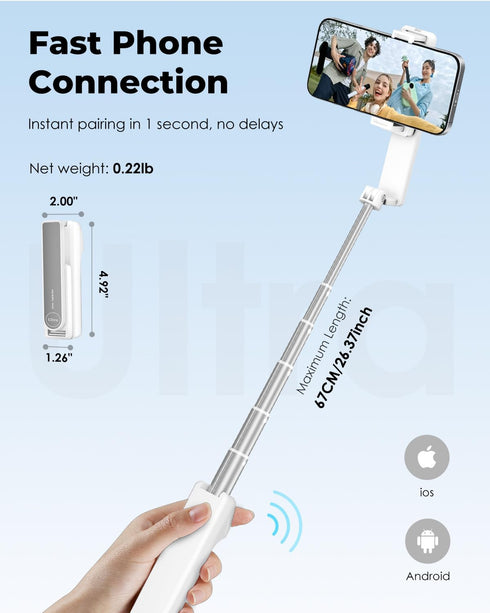 Viozon 47" Aluminum Alloy Wireless Selfie Stick, Lightweight Extendable Pocket-Size Phone Stick with Remote, Compact