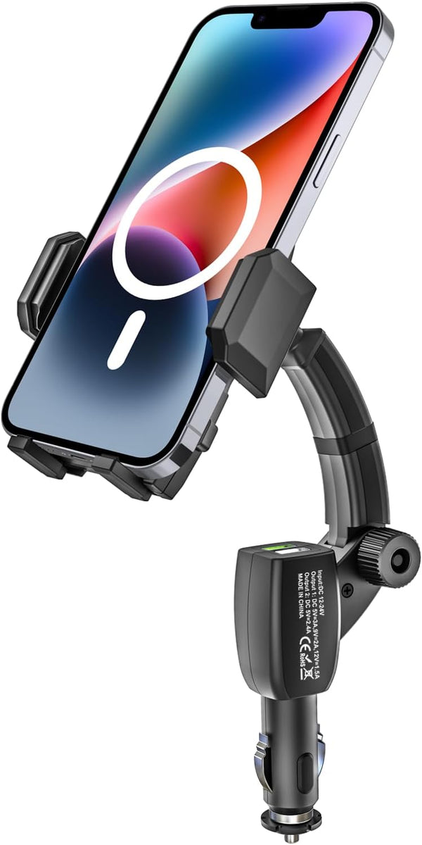 Cigarette Lighter Car Phone Holder Charger, Dual USB Fast Charging Mount with Adjustable Arm & 360° Rotating for iPhone