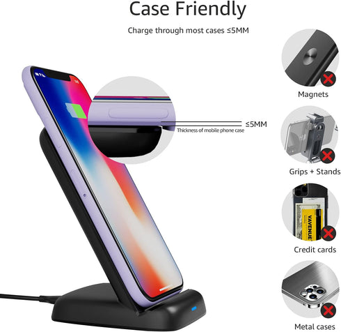 Amazon Basics 10W Qi Certified Wireless Charging Stand, Black for iPhone 15/14/13/12/11/X, Samsung, USB Cable