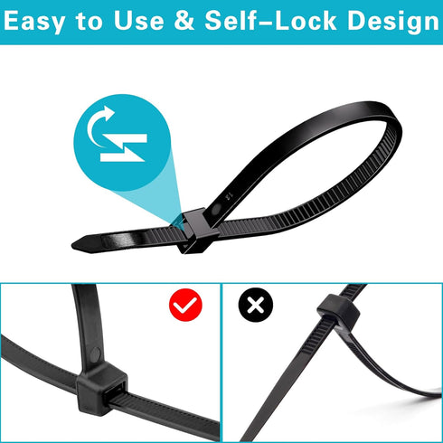 Zip Ties 8 inch Heavy Duty with 120 Pounds Tensile Strength, Black Cable Ties for Multi-Purpose Use