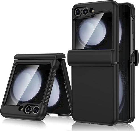 Maxdara Black Case for Samsung Galaxy Z Flip 5 5G, Hinge Protection, Built-in Glass Screen Protector, Shockproof
