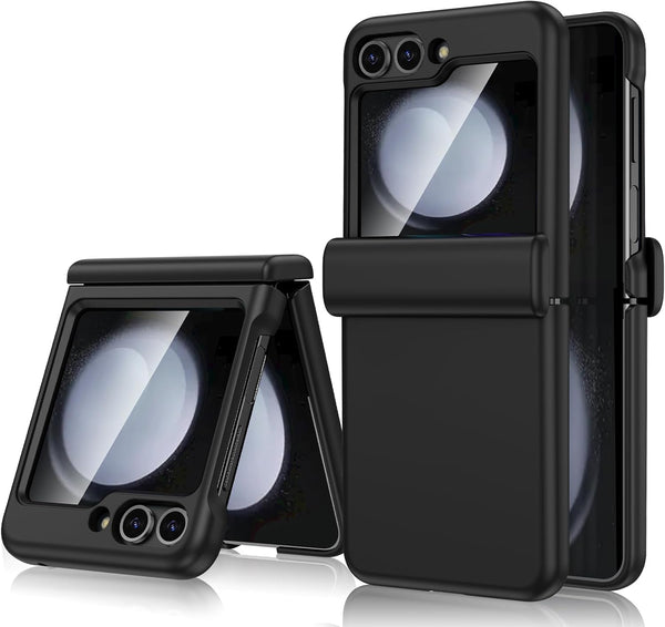 Maxdara Black Case for Samsung Galaxy Z Flip 5 5G, Hinge Protection, Built-in Glass Screen Protector, Shockproof