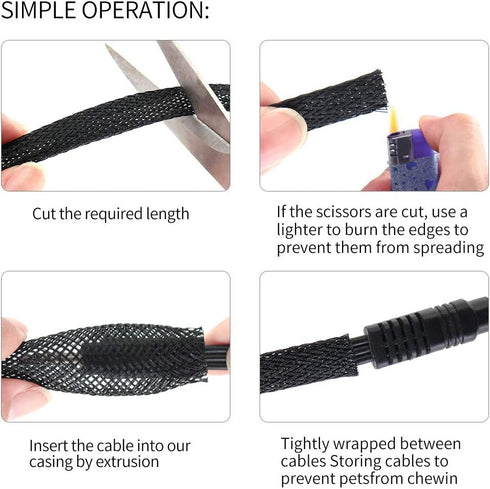 Black PET Expandable Sleeving, Cord Protector Wire Loom Tubing for USB Charger Cable, Power Cord, Audio Video Cable